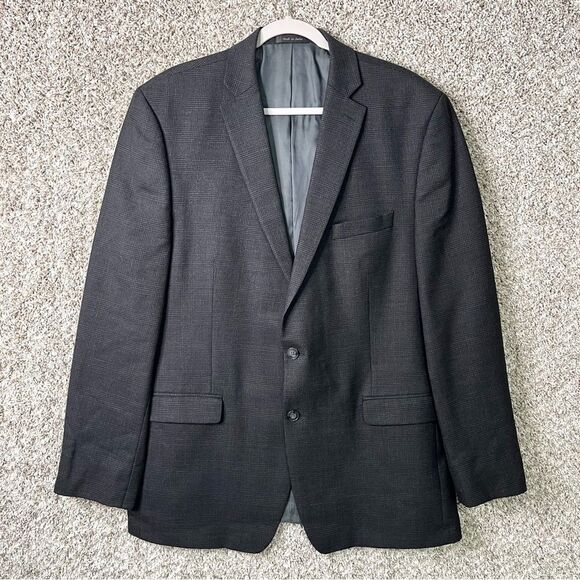 Calvin Klein Blazer Men’s 46L Dark Grey Plaid 100% Wool Suit Jacket - Picture 1 of 5